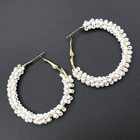 Yellow Gold Wire Wrapped White Beaded Open Round Hinged Post Hoop Earrings - Picture 3 of 9